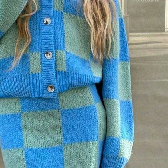 Dresses & Skirts - 2pcs Women Casual Checkerboard Cardigan And Knitted Skirt Set, Autumn